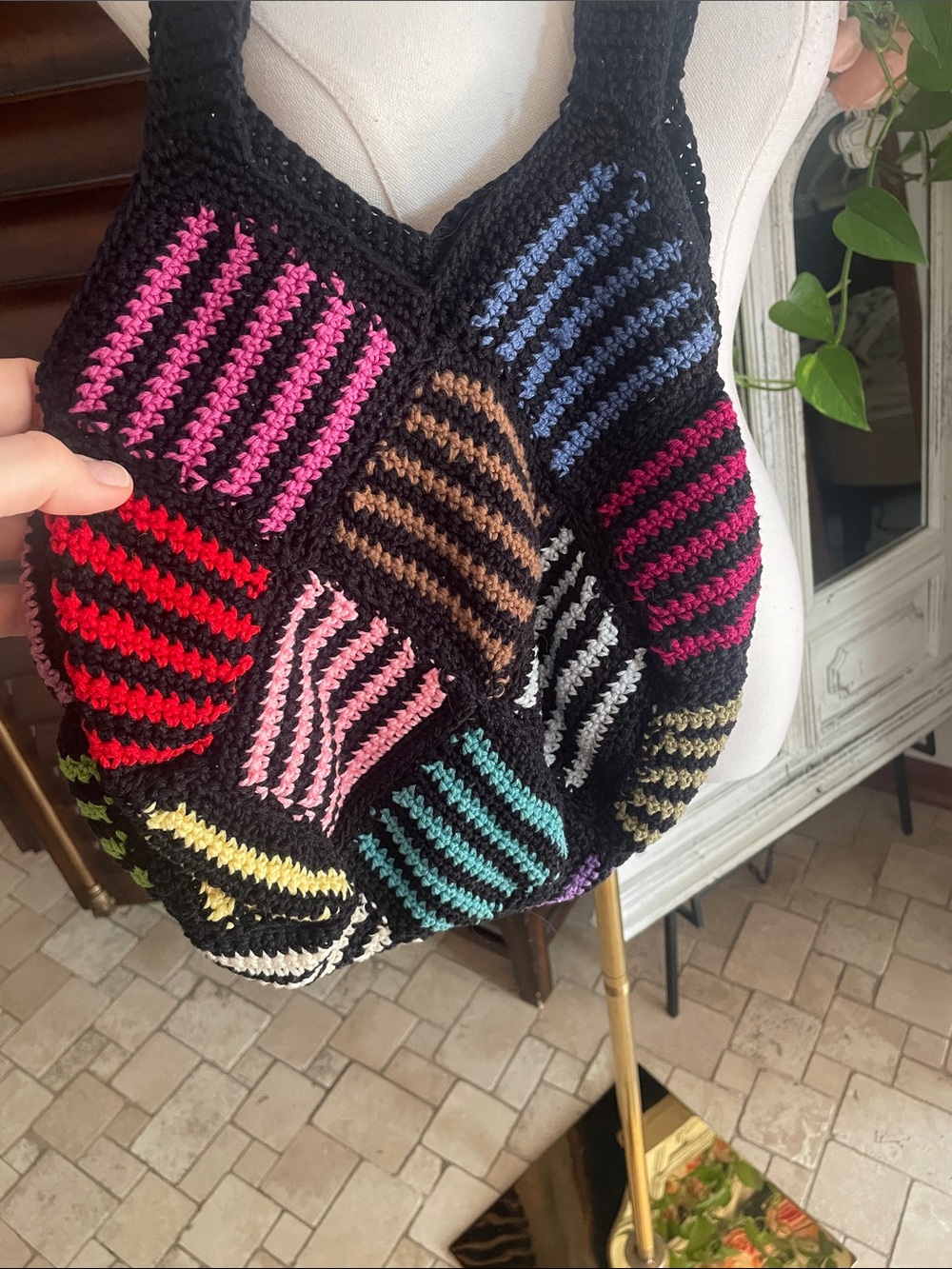 Black Crochet Patchwork Shoulder Bag Multicolor Boho Festival Artsy Art - Picture 5 of 11